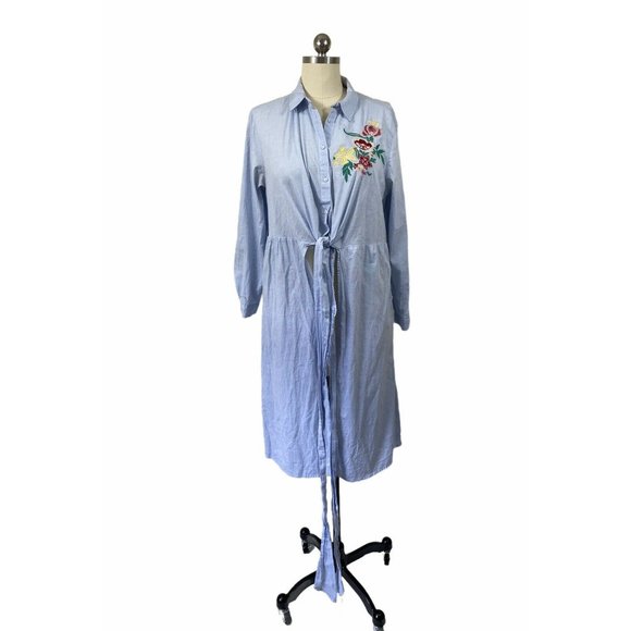 Zara Tops - Zara Womens Shirt Maxi Duster Medium Blue Embroidered Floral Collared Tie Front